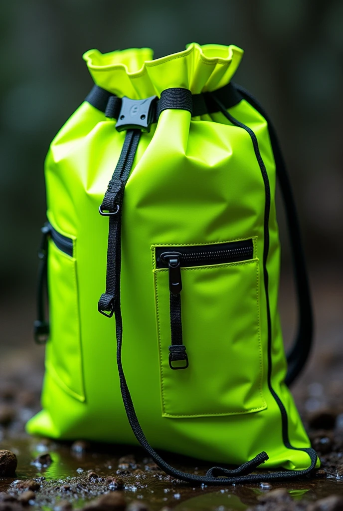 A neon green string bag without zipper for survival kit. Waterproof and has many compartments 