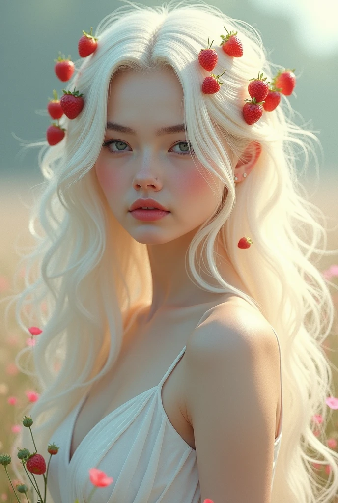 long haired with white dress and strawberries on her hair