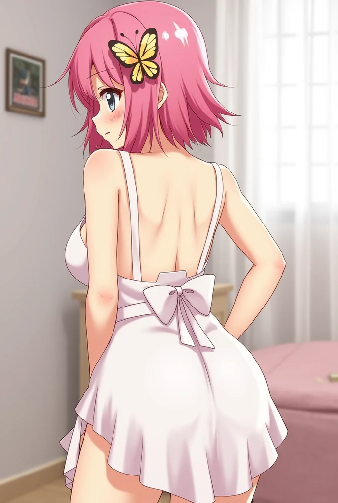 A girl, alone, Nakano Nino, pink hair, butterfly hair accessory, (nude: 1.3), (white apron), large breasts, cleavage, thighs, bedroom scene, back to viewer, bent over (blush: 1.3 )