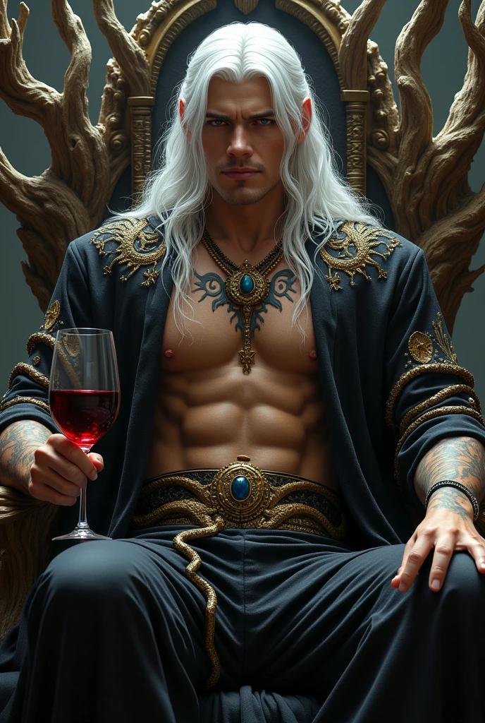 Create a very handsome prince of hell, attractive and imposing, He is sitting on a chair made of branches and is dressed only in a long, semi-transparent black tunic with gold embroidery., that has a body pants and a belt, Give him long white hair that falls in waves over his bare chest with some snake tattoos, that has a sly and captivating smile, that is holding a glass of wine.