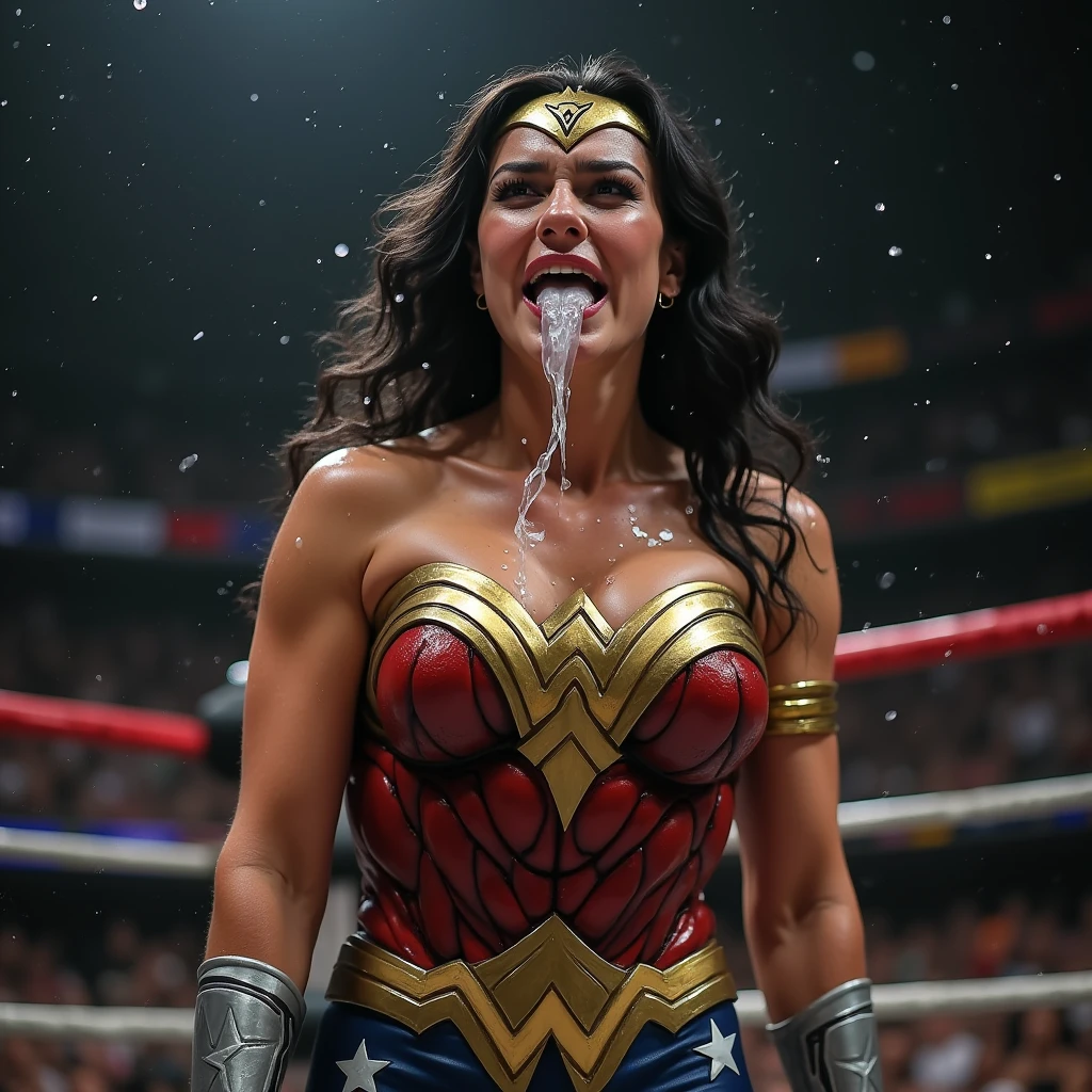 (sweaty)(muscular)A very sweaty Wonder Woman is vomiting in the ring, she spits out lot of visible saliva repeatedly. Lot and Lot of visible saliva continously dropping from her mouth to the floor. There is lot of sweat on her muscular body. She's coughing and breathing hard.