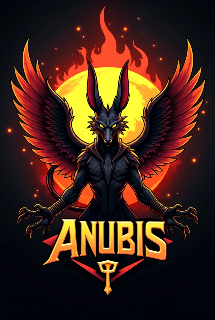 ((best qualityer)), ((work of art)), (detailded), create a gamer logo with the character egyptian god anubis, The logo must have a coat of arms with the character in front of the front bust, e o nome escrito ANUB☥S a letra i te que ser substituidada pela Cruz de Ansata ☥, Anubis has to be on fire epic gamer style with wings and dragon style, and anubis has to look bad, the colors have to be gold, black and red