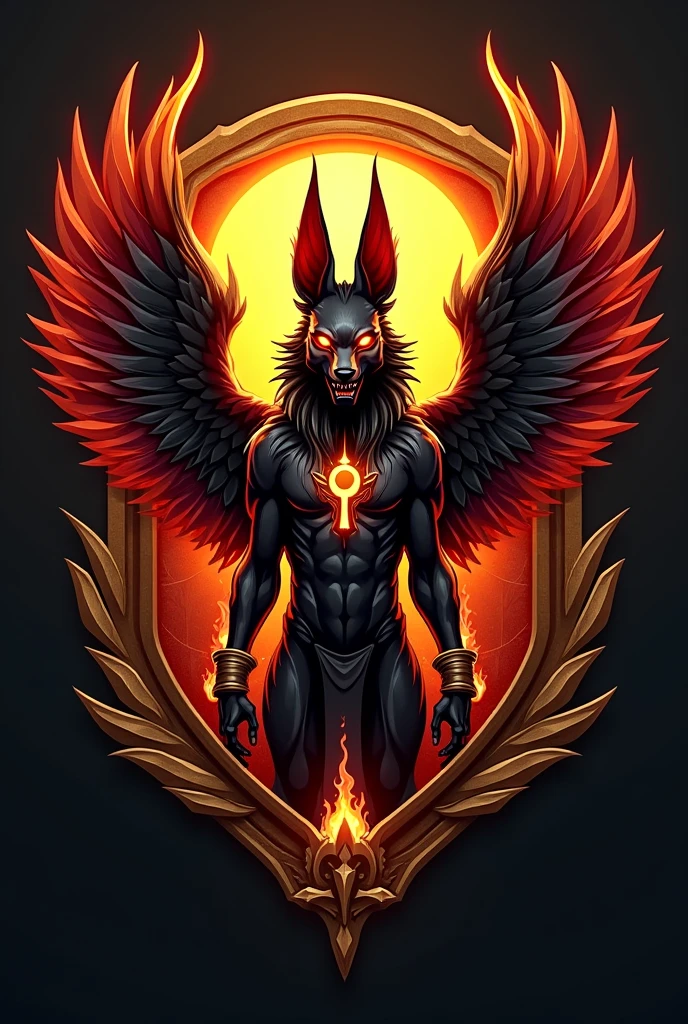 ((best qualityer)), ((work of art)), (detailded), create a gamer logo with the character egyptian god anubis, The logo must have a coat of arms with the character in front of the front bust, e o nome escrito ANUB☥S a letra i te que ser substituidada pela Cruz de Ansata ☥, Anubis has to be on fire epic gamer style with wings and dragon style, and anubis has to look bad, the colors have to be gold, black and red