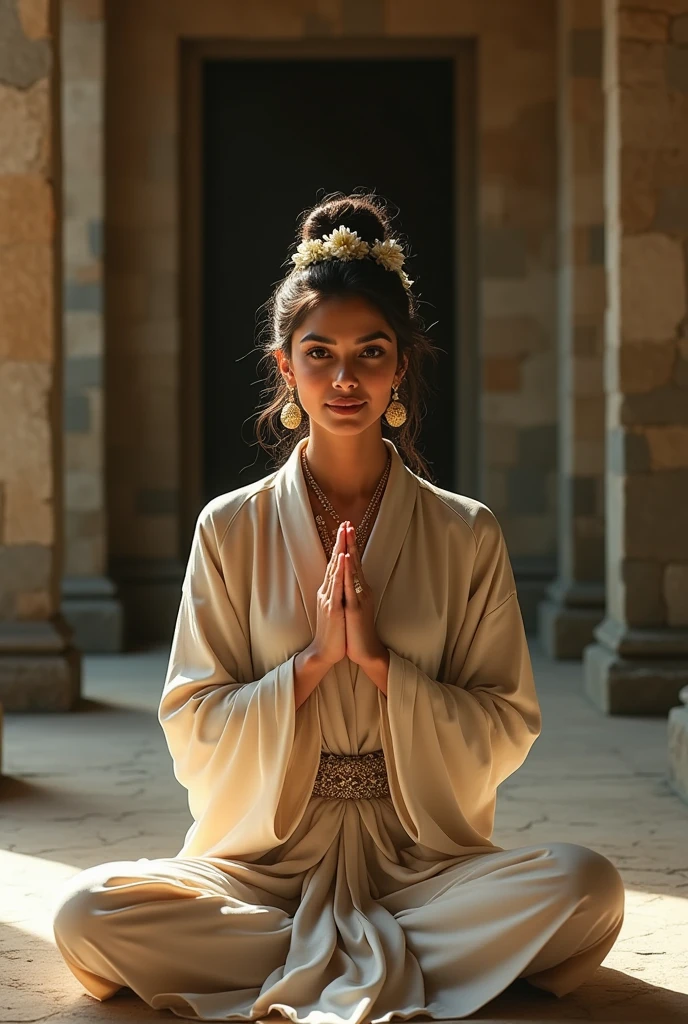Create an image of Priyanka Chopra wearing a shaman costume, standing gracefully with a peaceful smile, hands in a respectful greeting Buddha praying pose and sitting cross-legged, she is accessorized with traditional Thai jewelry, including a beautiful hairpin with delicate flowers. The background is an ancient temple with weathered stone walls, showing the timeless beauty of the setting. The overall mood is serene, with warm lighting highlighting the elegance of the scene