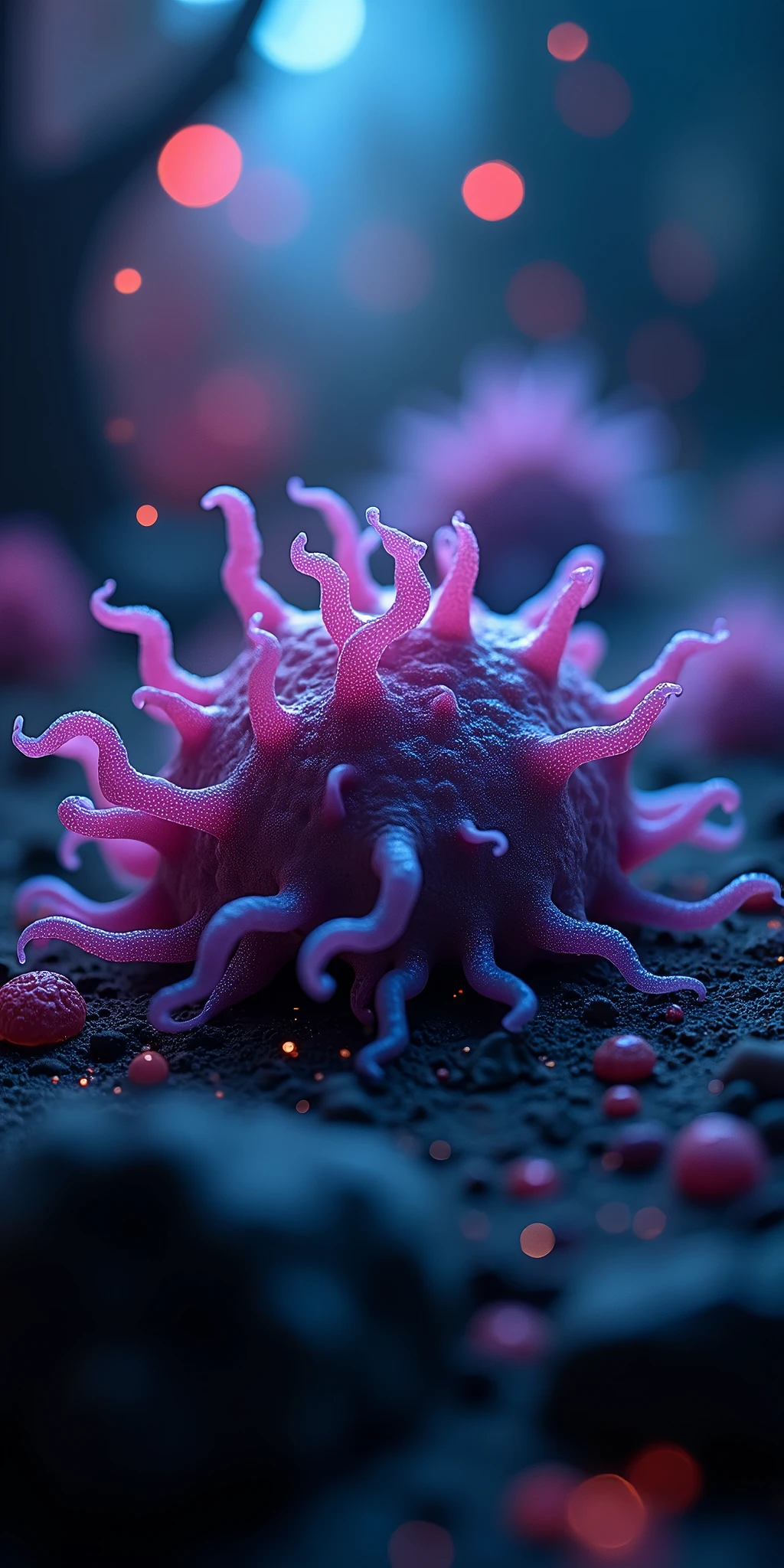 Complicated bacteria mutated life, backlit by led in dark scene, dramatic, bokeh f2.8