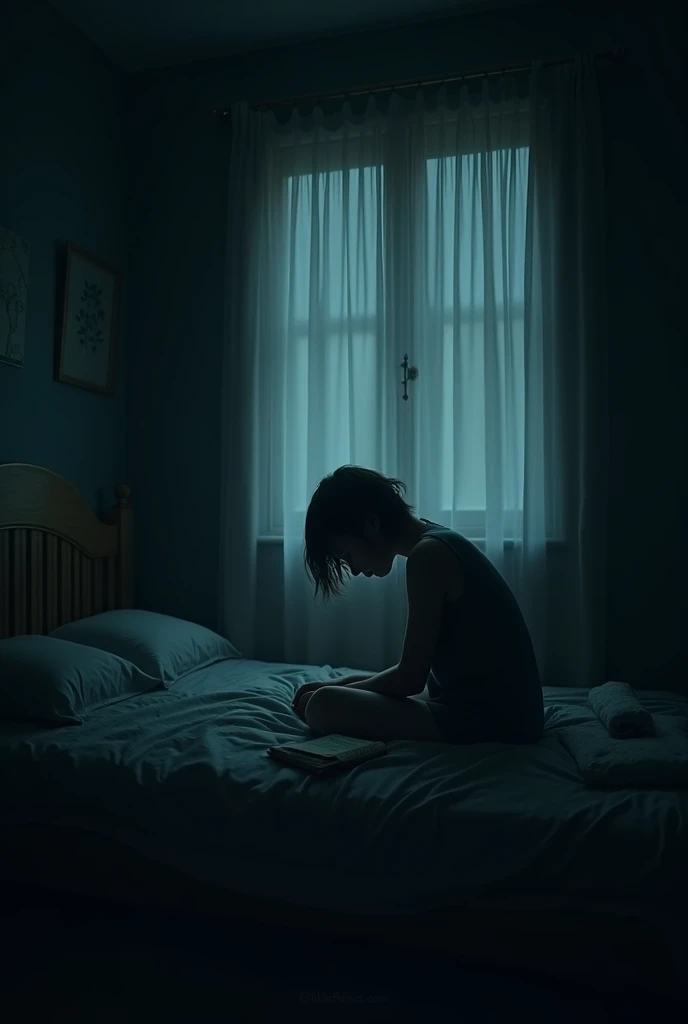 An introvert is sitting alone in a dark corner of his bedroom.