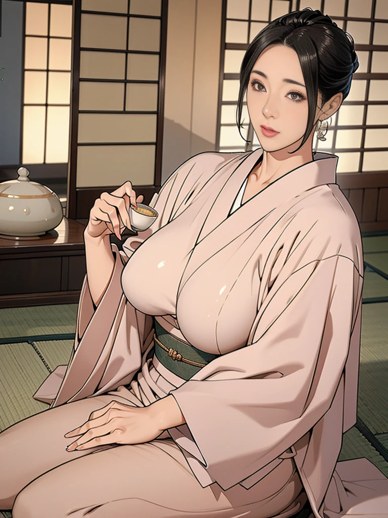 individual，Japanese Hairstyle，Photorealism，detailed，masterpiece，Mature，Beautiful women，Large Breasts，Kneel down，kimono，Japanese-style house，Tea Ceremony