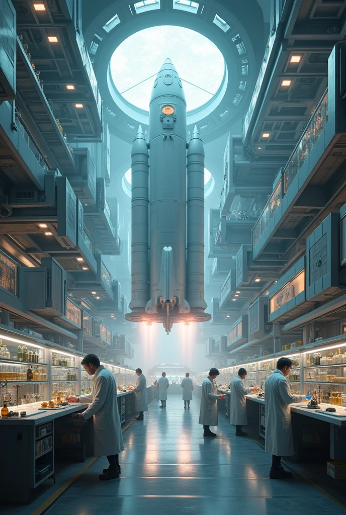 Best hyper realistic open nature interacted themed bioweapon laboratory advanced inside view with multiple equipments specimens scientists employees in work pose busy in their action and futuristic theme experiment and creating api and drugs show it huge lab centred with bio waste and products and nano technology with nano bots must add on a rocketship alternative spaceship
scifi styled