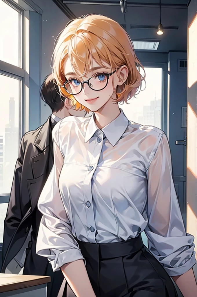 A petite young woman with strawberry blonde short hair pulled back, revealing her bright blue eyes behind stylish glasses. She has a playful, sly smile and her face is sprinkled with freckles. She is dressed in a white shirt and a sleek black office suit that is professional yet flattering. The image is well-lit, highlighting her sharp and confident look while maintaining a safe-for-work atmosphere. 