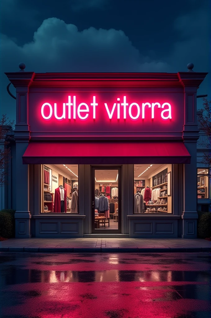 I want a realistic high quality Full 4k image of my store and the written panel "Outlet Vitorra". It's night time and the name is in neon in front of the building or any structure, but it must be very beautiful and leave an air of confidence and credibility as if this place really existed