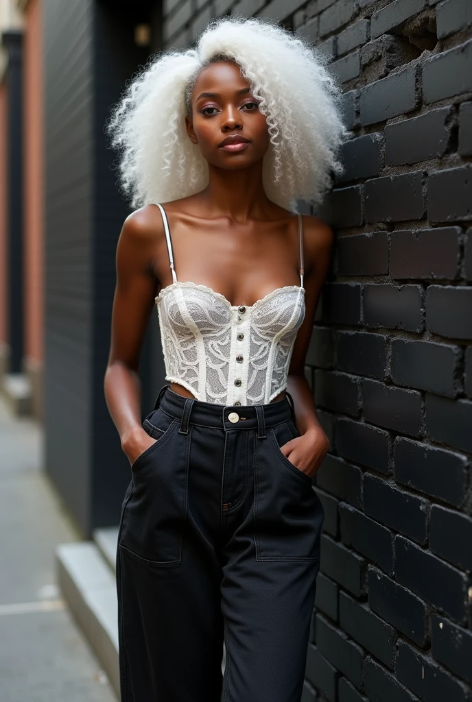 Girl:
Age: 23

Height: 175 cm

Nationality: African American

1. Face:
Face shape: Oval face with dark skin of a warm chocolate tone.
Eyes: Large brown eyes with long lashes. The gaze is soft and calm.
Lips: Full, expressive lips of a natural dark pink color, with a slight smile.
Nose: Straight nose with rounded nostrils, of neat shape.
Hair: Medium length, white in color, straight with a slight wave.
The skin is natural, with no shine.

2. Figure:
Body type: Average height with a feminine figure and smooth curves. The waist is well-defined, hips are rounded, creating an hourglass silhouette.
Breasts: Size 3, natural shape.
Shoulders: Slightly sloped, giving the figure a softer appearance.
Legs: Slim, long legs with toned muscles.
3. Clothing:
Top: White lace corset.
Bottom: Black oversized jeans.
Shoes: High white sneakers.
4. Pose:
Dynamic pose, with hands in pockets.
5. Location:
Background: Black brick wall on a street.
Lighting: Natural daylight.
Details: Some bricks are broken.
Mood: Cozy and calm atmosphere, the girl appears relaxed and enjoying solitude.
