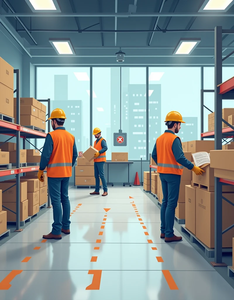 A professional and realistic image depicting safe working conditions at a fulfillment center. The scene features a clean, well-organized warehouse environment with employees wearing appropriate safety gear, such as helmets, gloves, and reflective vests. The workers are engaged in tasks like packaging, sorting, or operating machinery, with visible safety signs and markings on the floor. The atmosphere is one of diligence and care, with clear indications of safety protocols being followed, such as emergency exits and first aid stations. The overall image emphasizes the importance of safety and well-being for all employees in the fulfillment center.