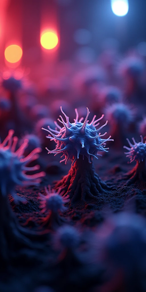 Complicated bacteria mutated life, backlit by led in dark scene, dramatic, bokeh f2.8