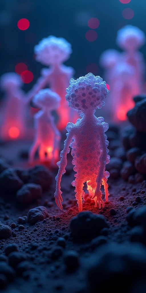 Complicated bacteria mutated life, backlit by led in dark scene, dramatic, bokeh f2.8