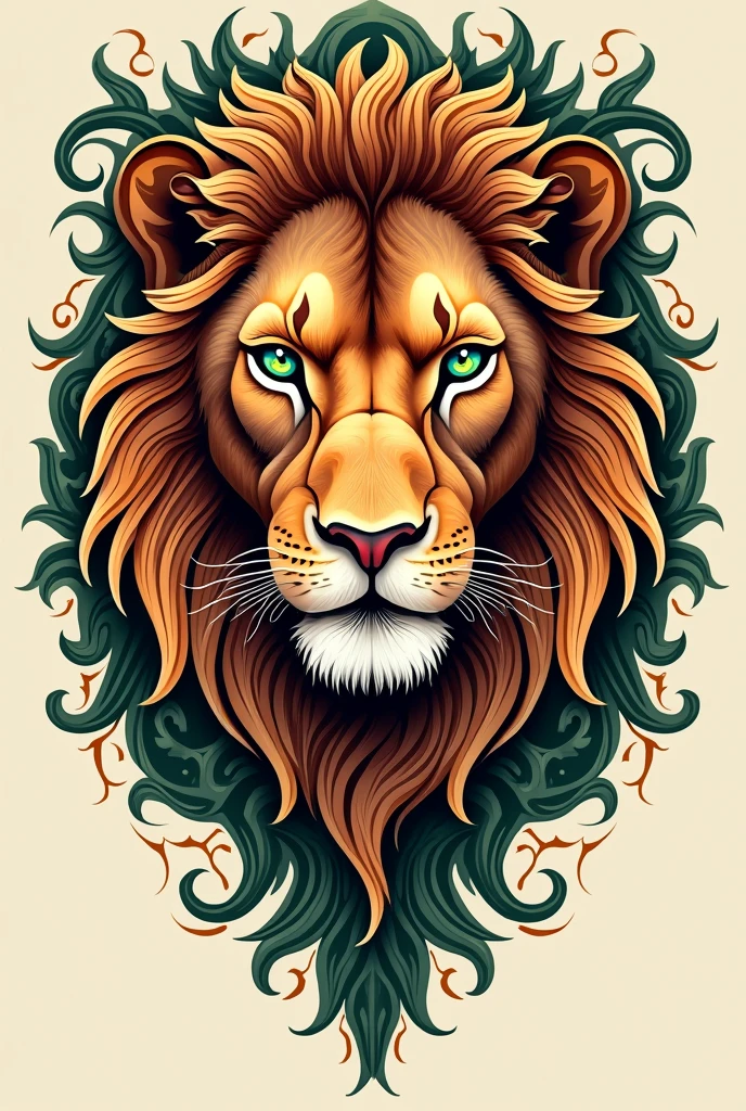Indian style tattoo with green eyed lion