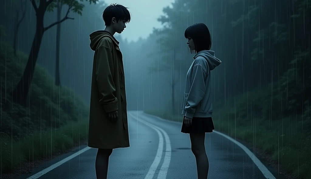 At night, a tall, slender young man with short dark hair, wearing a raincoat and a white shirt underneath, stood still in a place where the rain was falling. The rain flowed down onto a road in the middle of a forest. She, wearing a hoodie over a white collared shirt and a black skirt, with shoulder-length black hair, stood staring intently at the young man with a gaze full of hidden meaning and inscrutable thoughts.