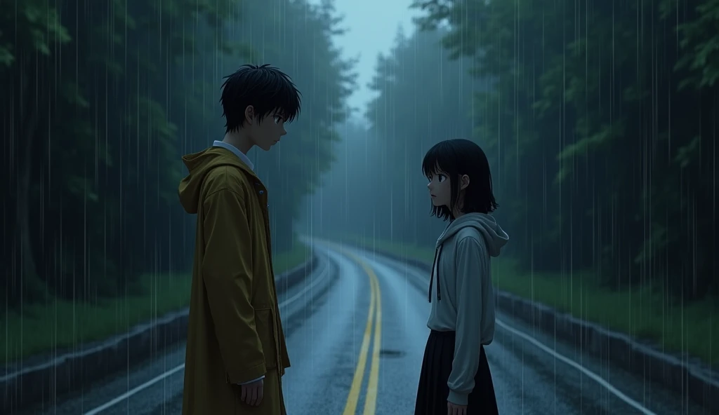 At night, a tall, slender young man with short dark hair, wearing a raincoat and a white shirt underneath, stood still in a place where the rain was falling. The rain flowed down onto a road in the middle of a forest. She, wearing a hoodie over a white collared shirt and a black skirt, with shoulder-length black hair, stood staring intently at the young man with a gaze full of hidden meaning and inscrutable thoughts.
