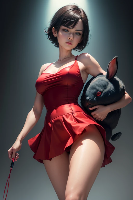 (best quality,Extremely detailed,Practical:1.37),Woman in red skirt,Beautiful and delicate eyes, Beautiful and delicate lips,Black short hair,Angry face,Red shorts,She holds a blue stuffed rabbit in her right hand.,Performance Posture,Artistic Lighting,portrait,Contrasting colors,Dynamic Synthesis,Colored background