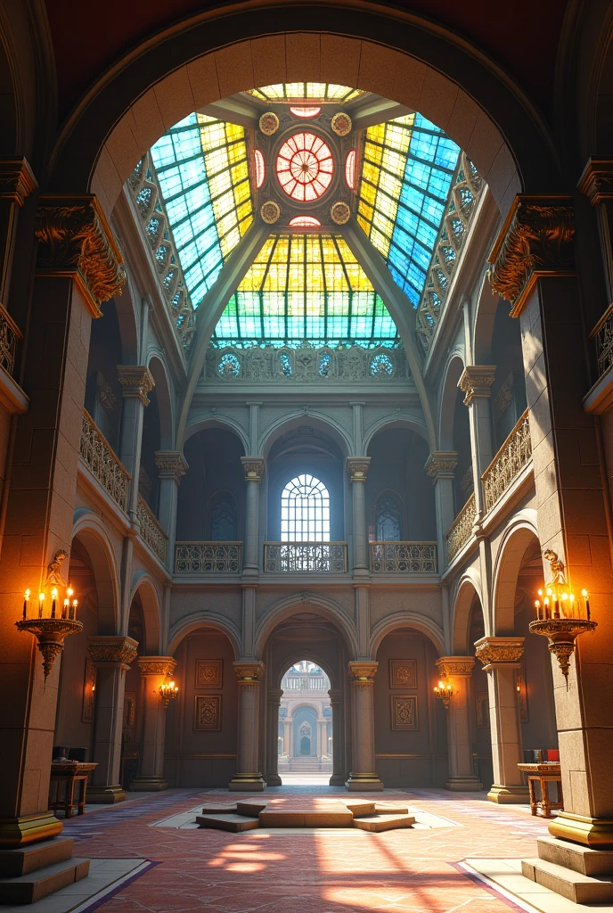 A house roof inside with colored glass and beautiful medieval and mansion blocks for minecraft