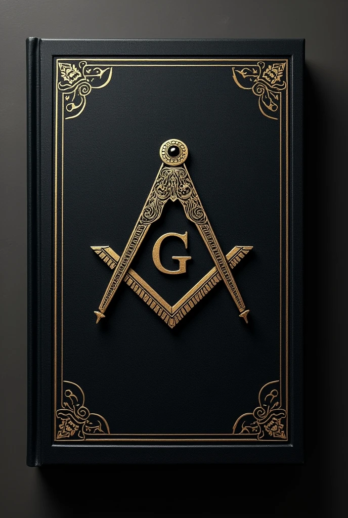 Black book cover with Freemasonry writing with a square and compass in the center