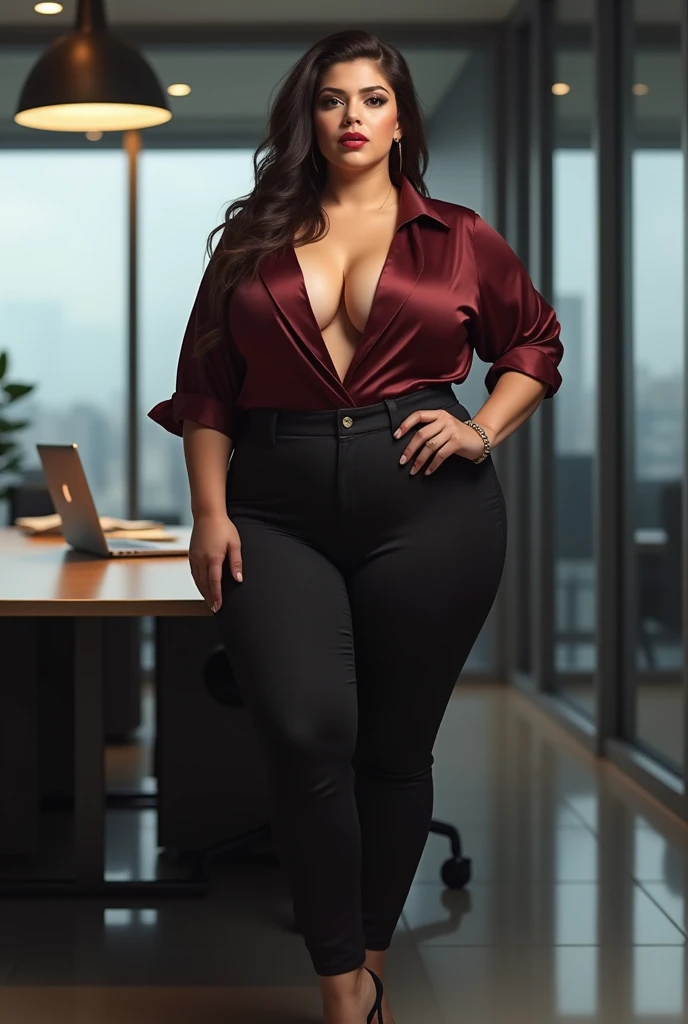Big boobs boss looking at you in office, unbuttoned blouse, huge cleavage, curvy model, low pants, long long blouse