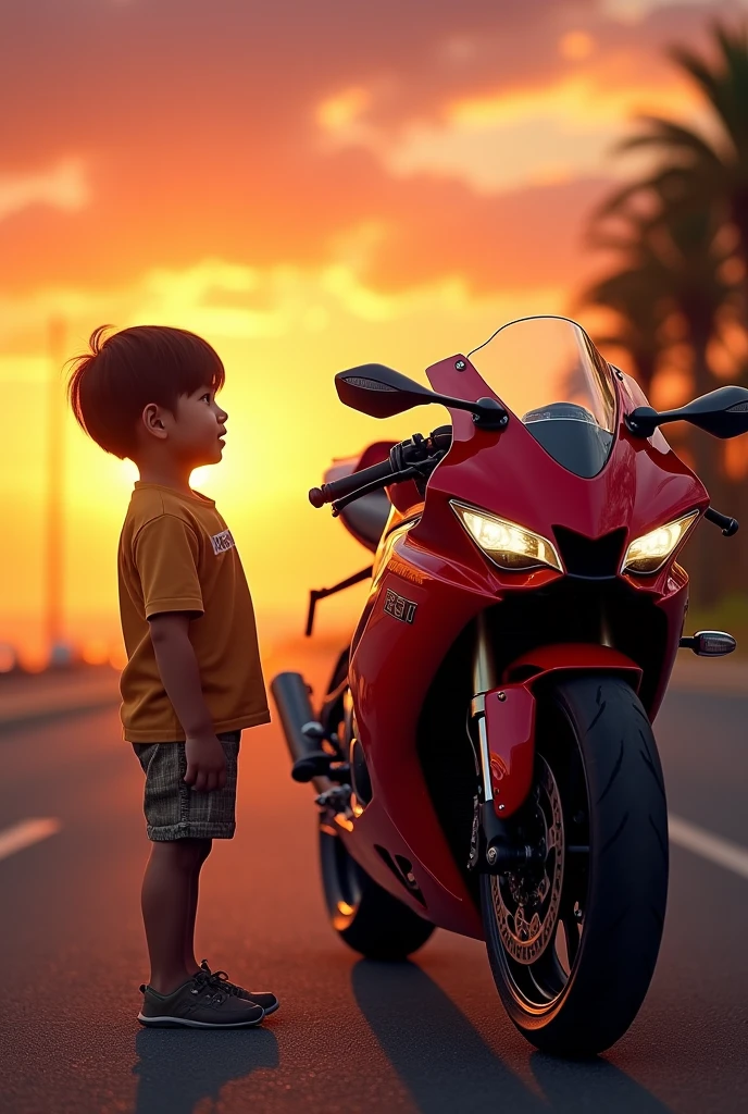generates an image of a child looking at a red YAMAHA R1 motorcycle in a beautiful sunset. I need the bike to be stopped in profile and for the image to be as realistic as possible.