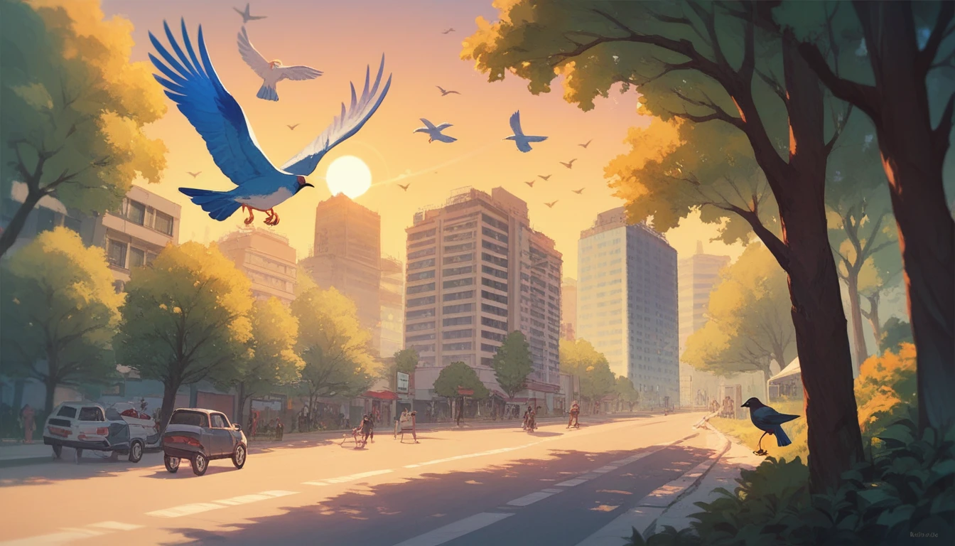 Creat a king state with details,king mahal, streets, peoples, trees, birds flying, sunrise.