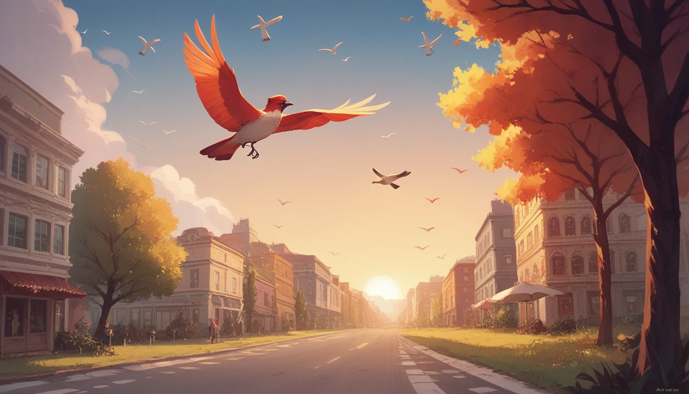 Creat a king state with details,king mahal, streets, peoples, trees, birds flying, sunrise.