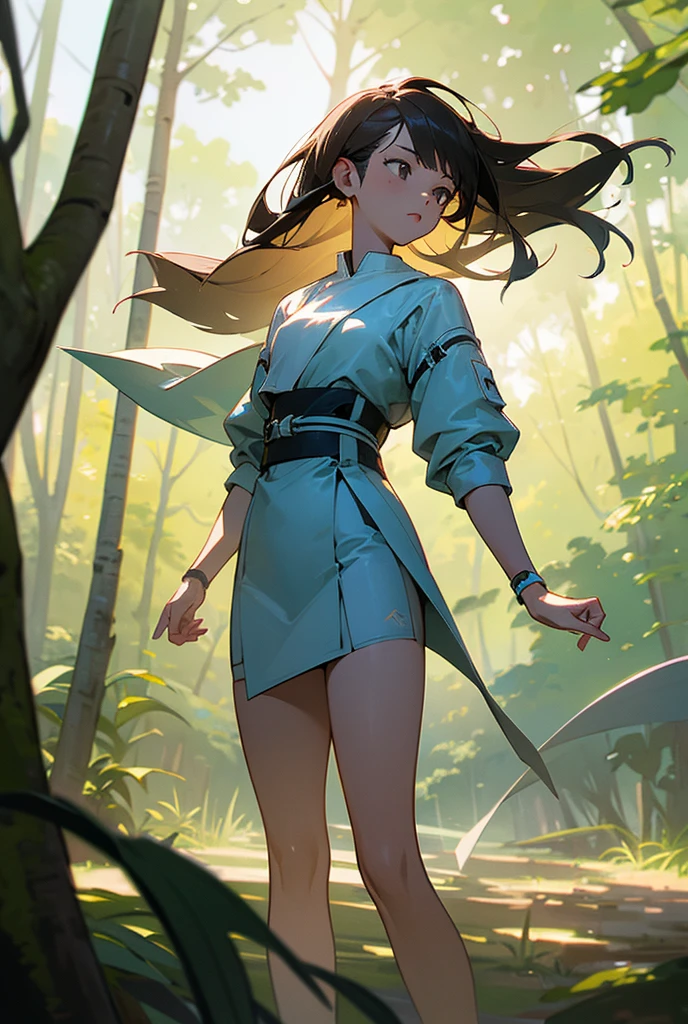 One girl, solo, whole body,High resolution, masterpiece, accurate, Anatomically correct, Winner of numerous awards, 最high quality, High-resolution model, High detail, high quality, Very detailed, Textured skin, Ultra high definition, Naughty face, Drop Shadow, Hair blowing in the wind,in the forest,Abundant light,Sunlight filtering through the trees,Ray Tracing