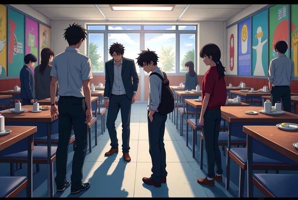background for 2d game, canteen, modern, anime style, bullying scene in the back, bullying