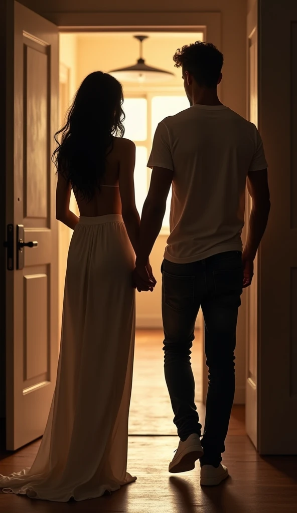 a beautiful brunette woman,she has long black hair,seducing gaze,she is entering a room with a man,he is holding her hand and entering the room,they are with their backs to the camera entering the room,she is wearing a dress and he is wearing a t-shirt and pants