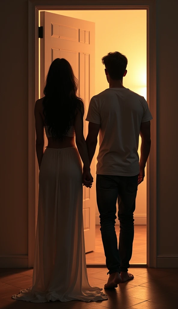 a beautiful brunette woman,she has long black hair,seducing gaze,she is entering a room with a man,he is holding her hand and entering the room,they are with their backs to the camera entering the room,she is wearing a dress and he is wearing a t-shirt and pants