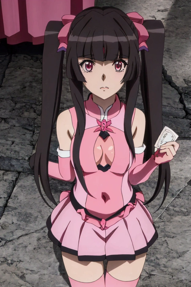 Anime girl with long hair and pink dress holding money, Cute girl anime visuals, Moon Reading Tone,Twin tails , isekai, Official artwork, Small breasts, symphogear, Shirabii, Another Iwakura