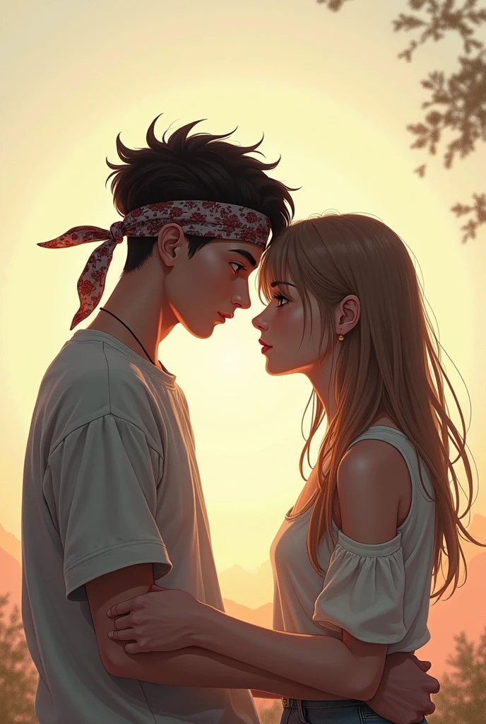 Create a young man with a bandana and a jockey thinking about his girl, also the girl next to him thinking about him like a cover style of singer Jouzzen&#39;s song