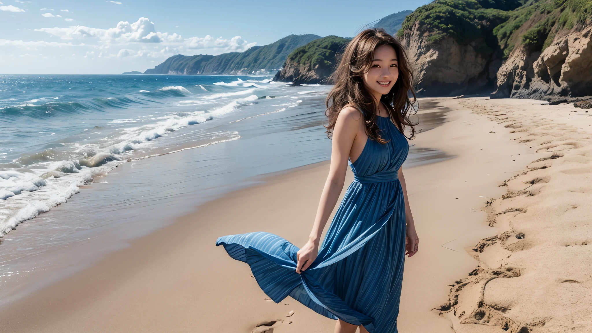 Standing on a beautiful sandy beach with a deep blue sea、Wearing a clean summer dress。Japanese women、Looking at me with a smile。Standing facing the front。Light curly hair、Long hair down to the back、Beautiful brown hair、Realistic photos。 The style is very good。The camera is pulled back a little to capture the whole body and the ocean.。