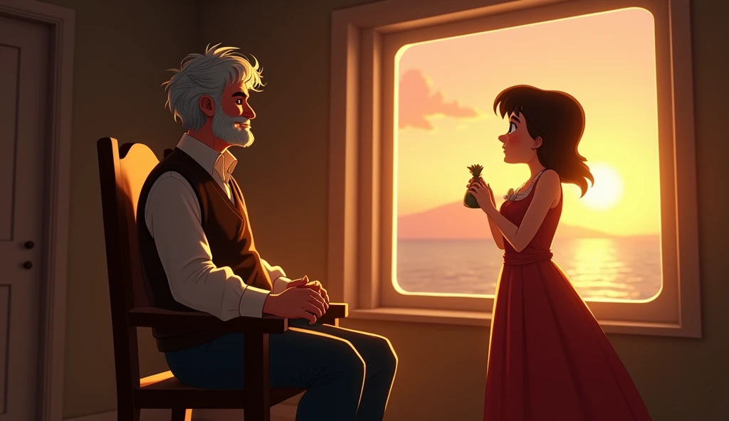 : Edgar, sitting on a wooden chair by the lighthouse window, looks at Lily with a mix of pride and curiosity. Lily, standing beside him with a confident smile, holds the bag of coins in one hand while the other hand rests on her chest, as if deep in thought. The setting sun outside creates a serene backdrop, and the room is filled with a warm, golden light as Edgar gently asks, "What have you learned from this, my dear?give father older looks in grey hair