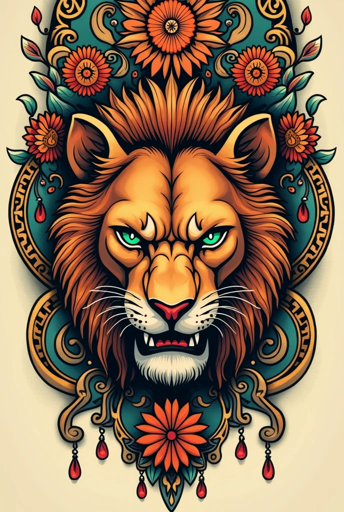 Tatouage style indien avec lion aux yeux vert regard méchant,