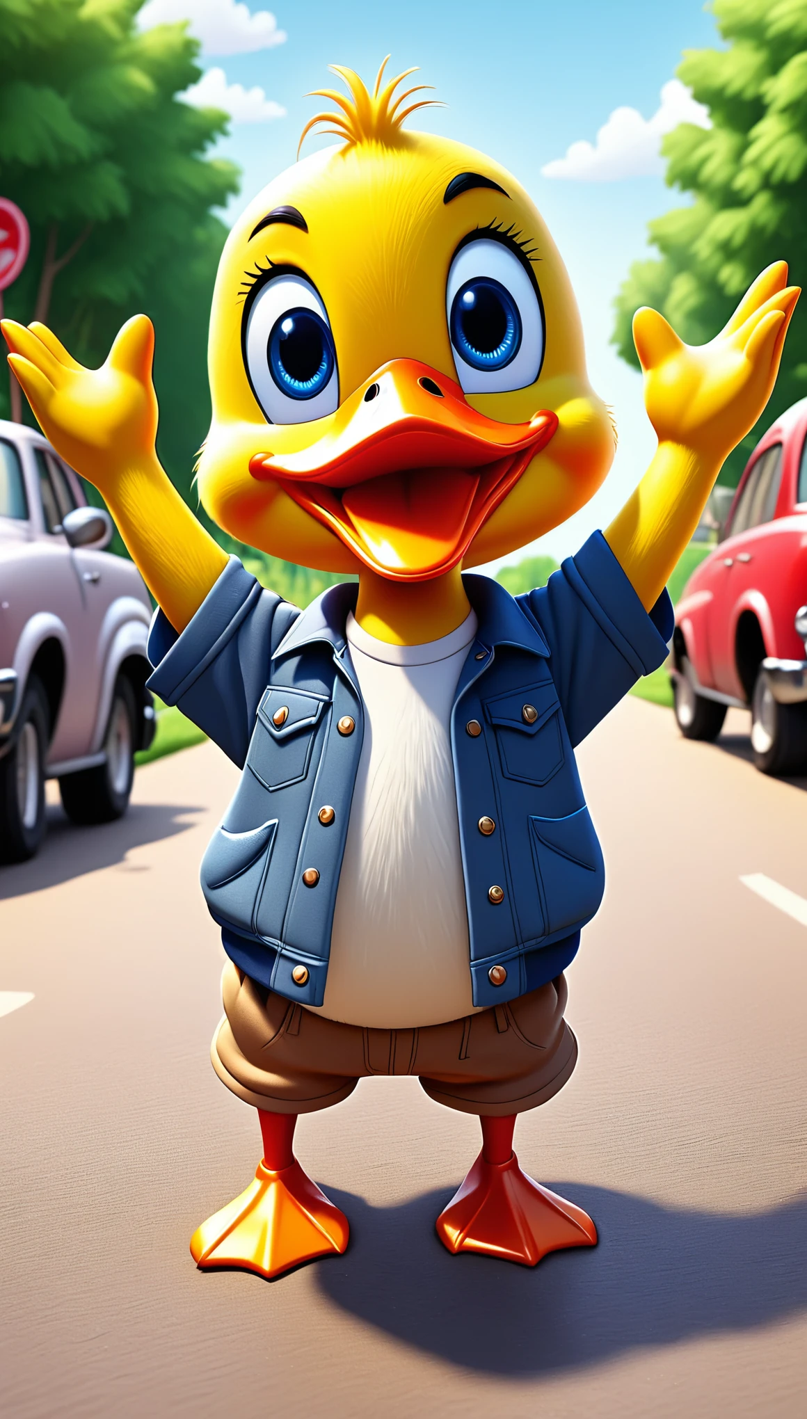 cute duck, cartoon , farm clothes, arms up, hands ,cute eyes, looking at viewer, cute, straight, parking, cars, flawless, detailed, heart shirt