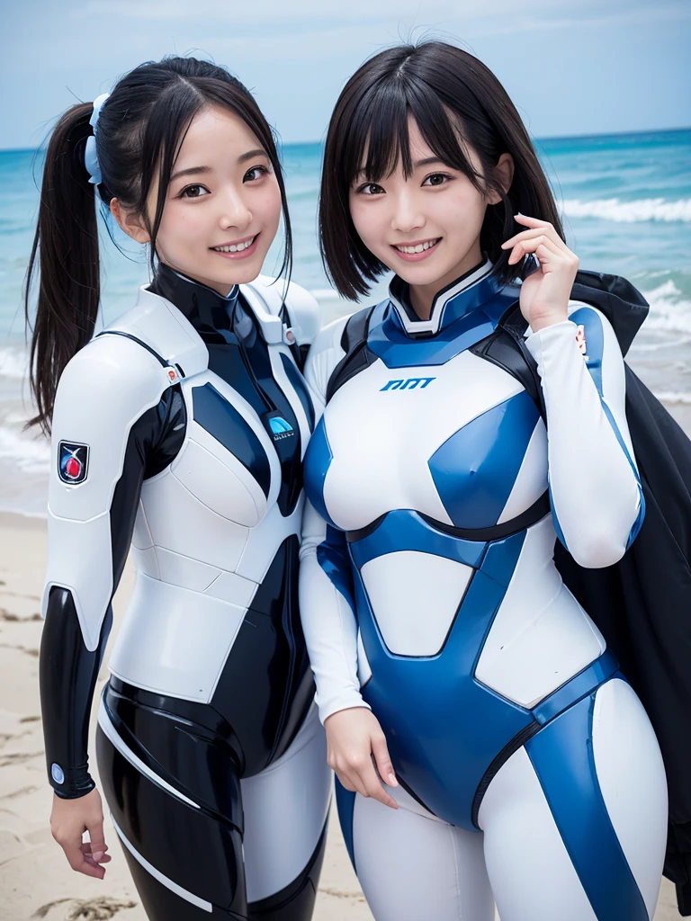 Japanese female android sisters,Black Hair,White and blue robot suit,Plump,Having fun on the beach in the evening,smile