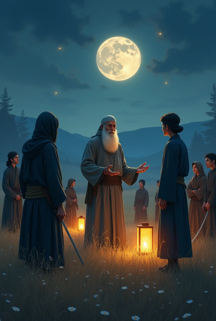 picture of a ninja. An old Muslim grandfather is teaching his 10 students in a field and is illuminated by lanterns brought by his students and the grandfather is demonstrating ninja movements for his students to teach and also the Muslim ninja grandfather. teach about the Koran