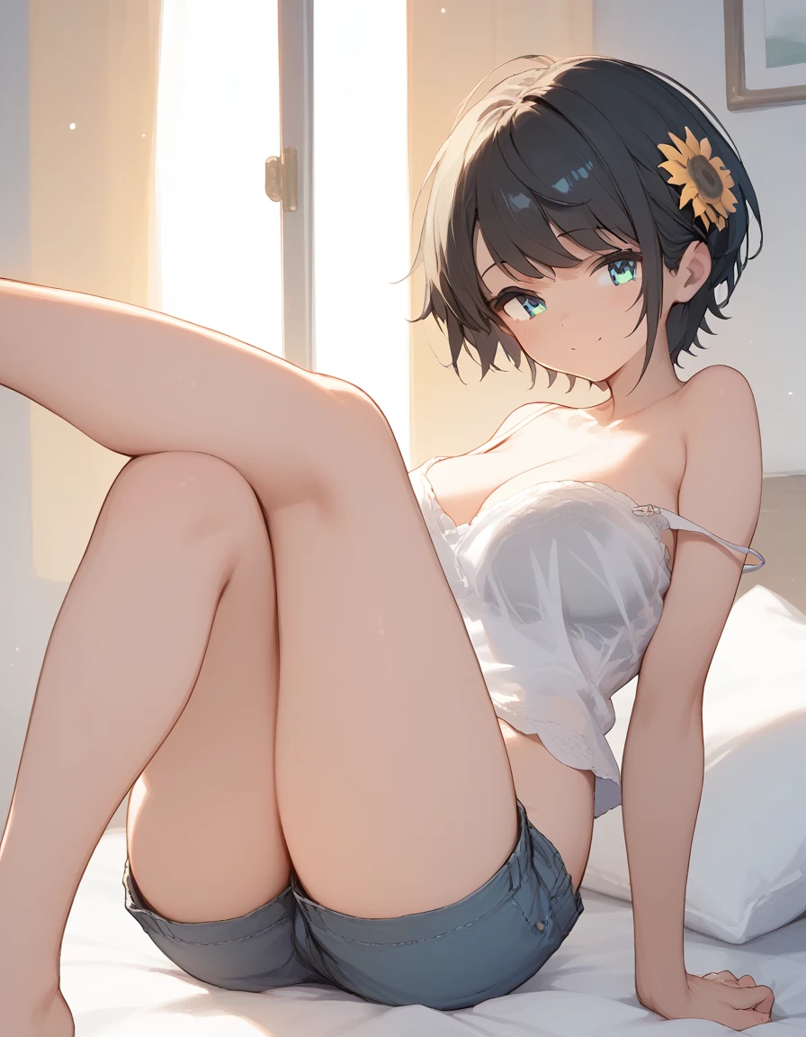 shubaBase, black hair, gradient eyes, aqua eyes, short hair,big breasts,,,score_9, score_8_up, score_7_up,best quality, official art, official style,source_anime,,solo,dim lighting,in bedroom,sitting on bed,(holding own legs),,shy smile,embarrassed,white camisole,short pants,slip down shoulder strap,sunflower ornament  on hair,see through bra,