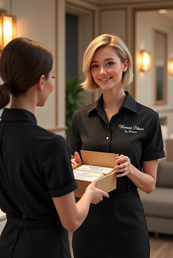 A stylist in a black uniform has the name of the beauty salon written on her uniform, which is Women&#39;s Palace by Maryuri. , the girl has short blonde hair. The stylist is giving a birthday present to a client for her loyalty 🎁, The birthday gift box is opened and there are IA discount coupons