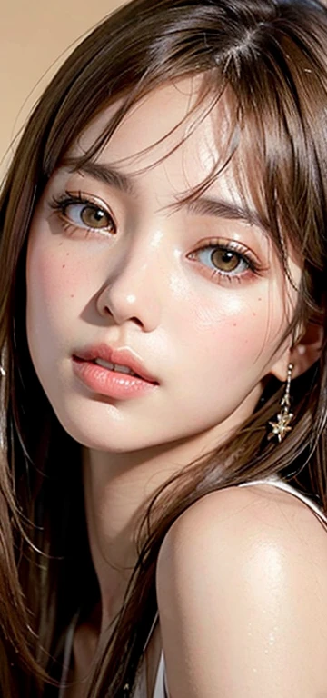 1 Woman, Face, huge ,Light brown hair, Bangs, hair behind ear, Shoulder-length hair, Long hair, slim body, Ultra-detailed face shape, Thin face, Delicate lips, beautiful eyes, Thin blush, Eyes are light brown, Perfect and radiant skin, Flawless skin, Glittering sweat,View here, Ultra-thin pointer, Ultra-thin fingers:Realist:1.3), Broadleaf forest, One person&#39;s point of view, Fujifilm, 8K, On the table, nffsw, Super Detail, high quality, best quality, high resolution, ((don&#39;t show your fingertips))、Prime Time　Beautiful light,  ((( )))、(((White Short Sleeve Low Cut Button-Down Shirt、Dark blue ribbon)))、((Ultra-micro navy pleated skirt)) ((huge tits)) (((positive image:1.3))),((((Completely naked))))