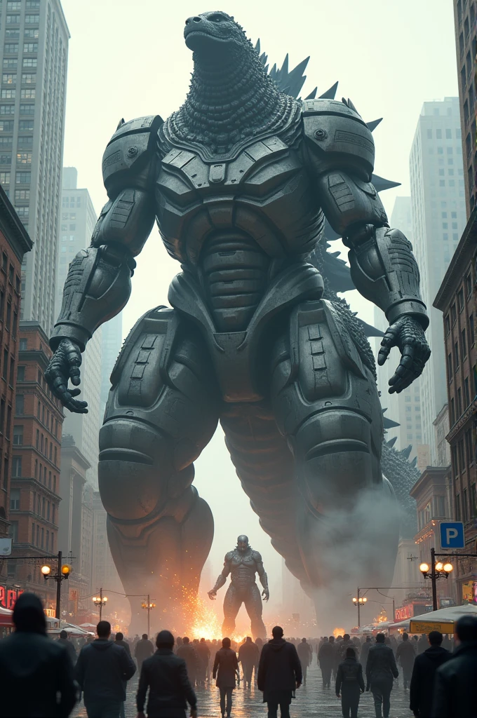Very evry evry big robot fighting whith the godzila in city like new York