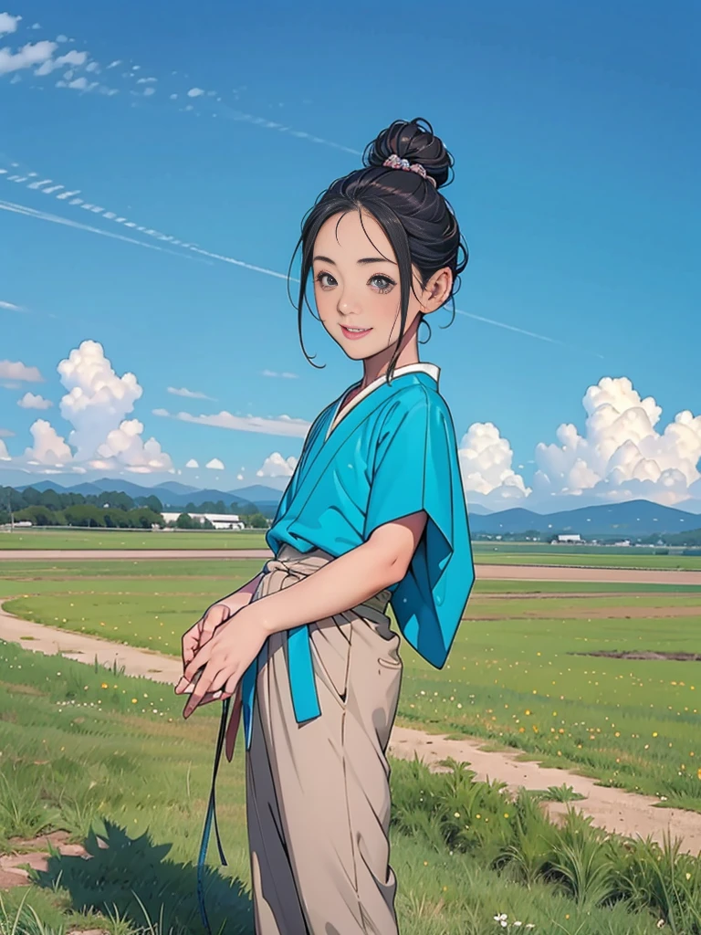 Double，Japanese Hairstyle，Photorealism，detailed，masterpiece，Little boys and little girls，child，Smile and hold hands，grassland，Blue sky，panoramic，Back to camera，Little，dwarf，Child，Boys and Girls，，
