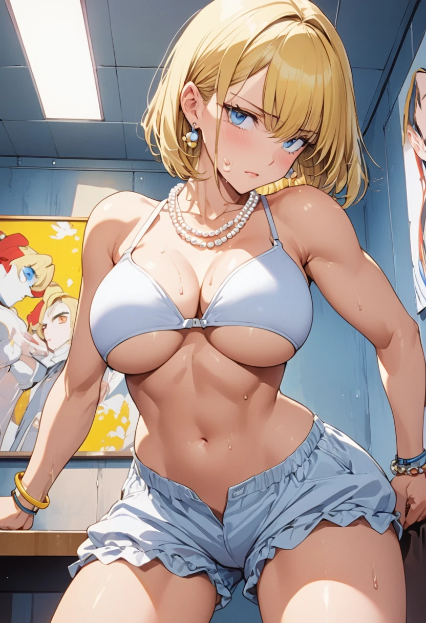 masterpiece, Highest quality, High resolution, (Artificial Human Room No. 18),1990s \(style\),(E-cup beautiful breasts)、height: 170cm,Sweating all over the body、Muscular、((sexy))、(Browsing Caution),独奏,Anime-style painting style, Blonde, blue eyes, (Tight push up bra),(underboob),Bloomers,Pearl_necklace, bracelet, short hair, Short sleeve, Earrings,Composition focusing on the upper body,(Cool face)、(Pointed Eyes)