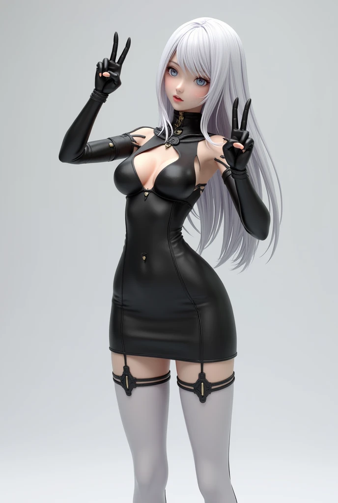 create a female character, white  hair, breasts small, thin and blindfolded