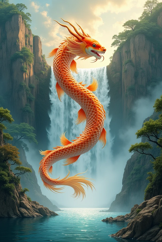 The Chinese myth of the carp in the yellow river of hebo rising to a waterfall and the golden dragon