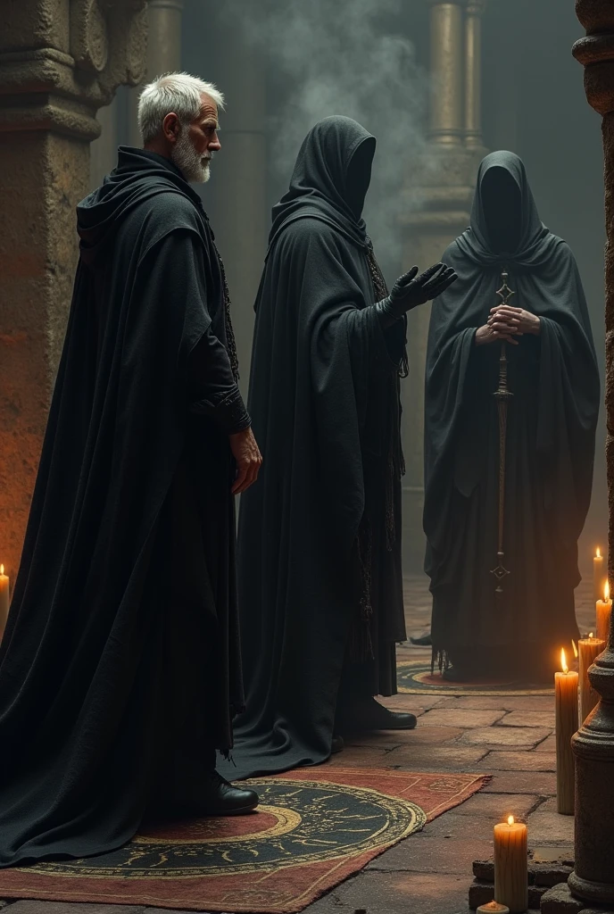 Veteran man, 3 in black leather tunics and black cloaks, he participates in the dragon cult