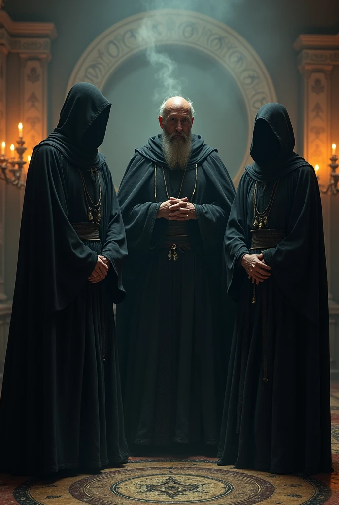 Veteran man, 3 in black leather tunics and black cloaks, he participates in the dragon cult